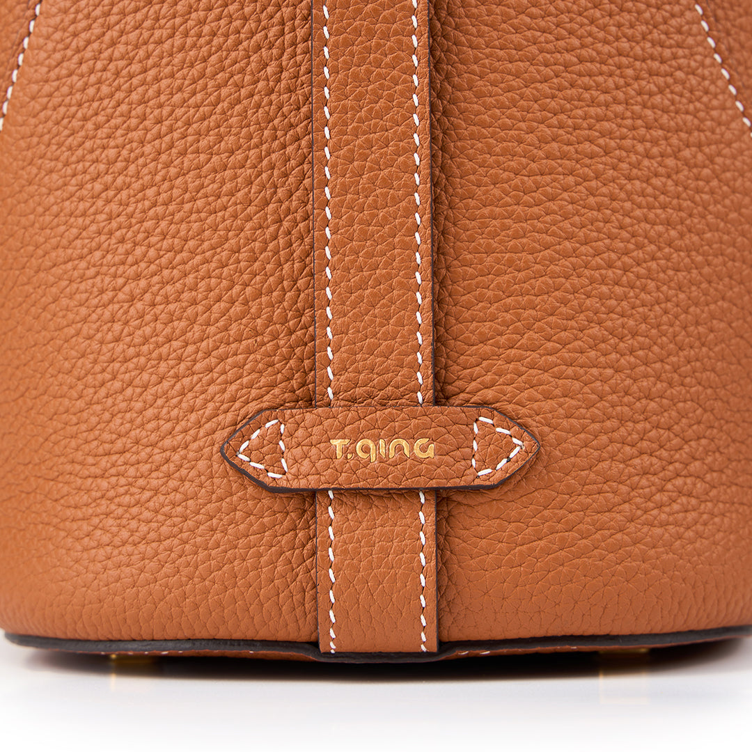 TIANQINGJI Handmade Gold Brown TOGO Leather Ease Bucket Bag
