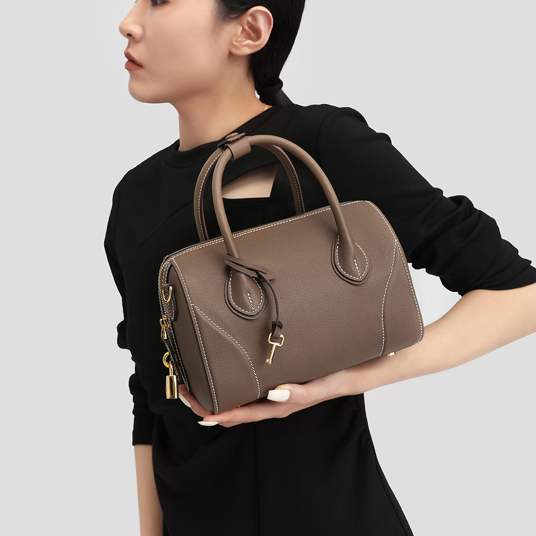 TIANQINGJI Handmade Etoupe SWIFT Leather Boston Tote Bag