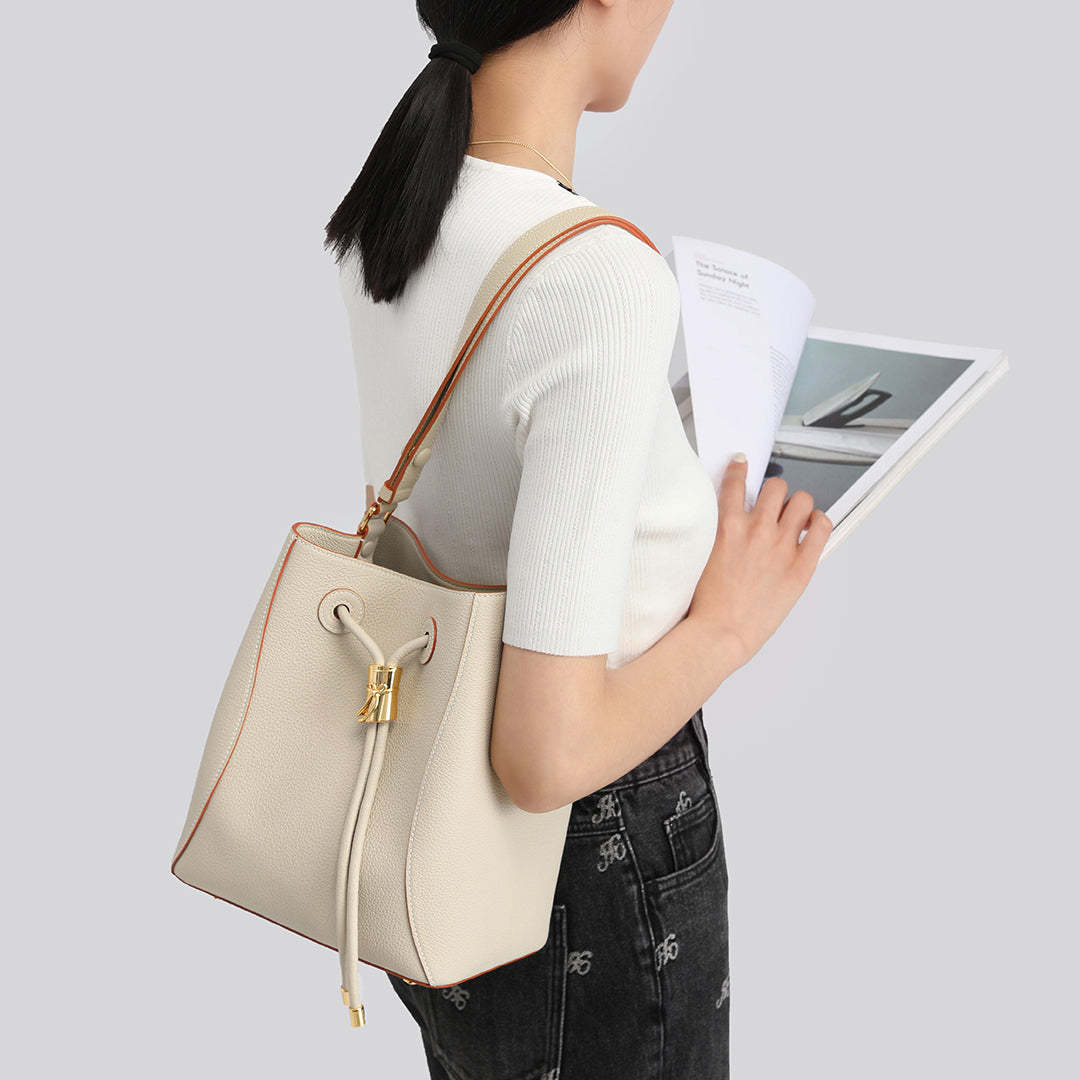 TIANQINGJI Handmade White TOGO Leather Shoulder Bucket Bag