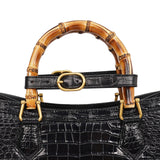TIANQINGJI Handmade Black Crocodile Leather Bamboo Handle Tote Bag - Large