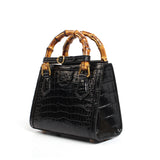 TIANQINGJI Handmade Black Crocodile Leather Bamboo Handle Tote Bag - Small