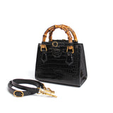 TIANQINGJI Handmade Black Crocodile Leather Bamboo Handle Tote Bag - Small