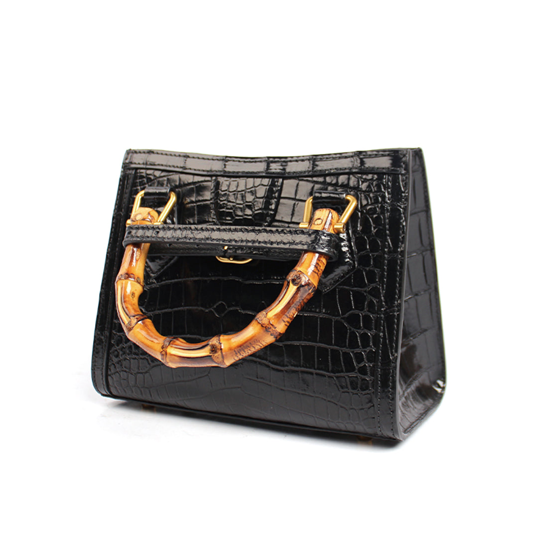 TIANQINGJI Handmade Black Crocodile Leather Bamboo Handle Tote Bag - Small
