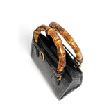 TIANQINGJI Handmade Black Crocodile Leather Bamboo Handle Tote Bag - Small