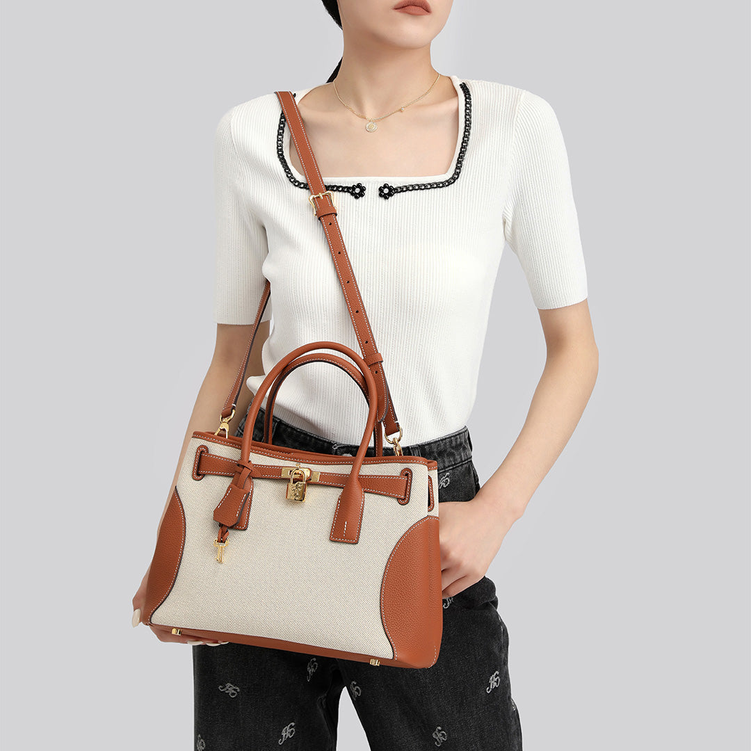 TIANQINGJI Handmade Gold Brown Canvas TOGO Leather Tote Bags