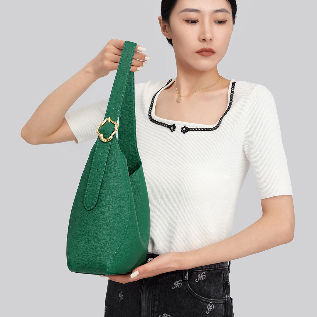 TIANQINGJI Handmade Green Togo Leather Shoulder Hobo Bag