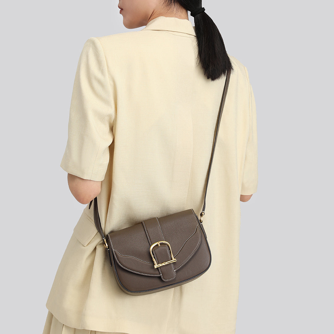 TIANQINGJI Handmade Etoupe SWIFT Leather Crossbody Flap Saddle Bags