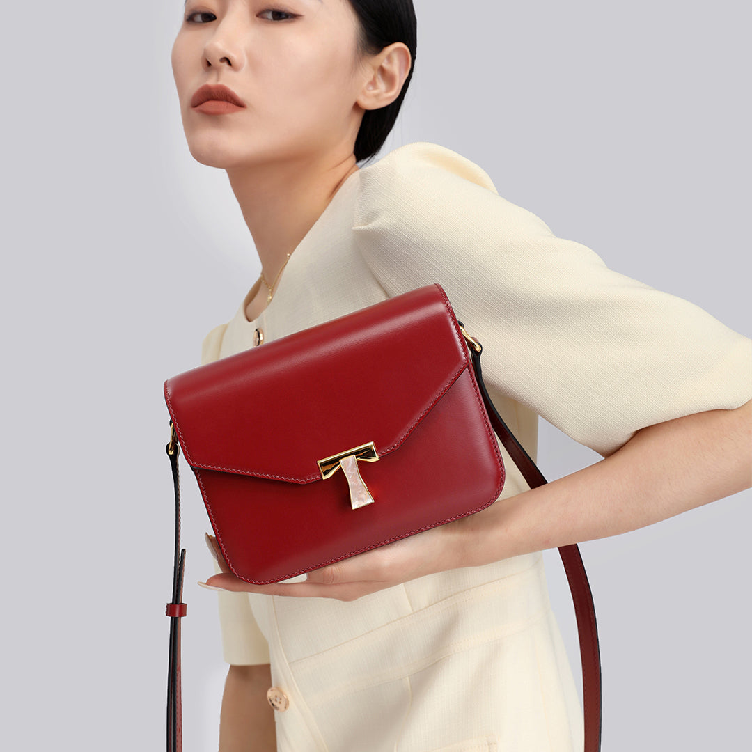 TIANQINGJI Handmade Red BOX Glossy Leather Tofu Crossbody Bag