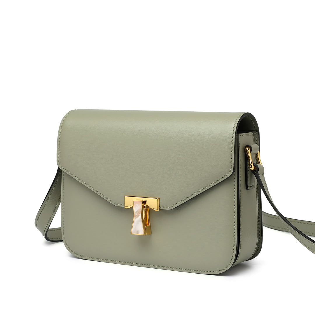 TIANQINGJI Handmade Green BOX Glossy Leather Tofu Crossbody Bag